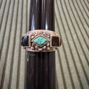 Vintage MJ 925 Sterling Silver Turquoise Onyx Carnelian Multi Stone Ring Size 8